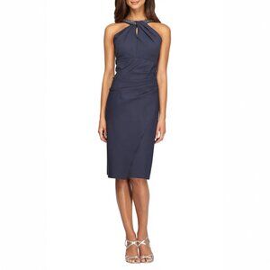 Alex Evenings Navy Embellished Halter Neck Ruched Sheath Dress